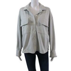 Leallo Womens Button Front Long Sleeve Collared Shirt Jacket Blue Cotton Size XS